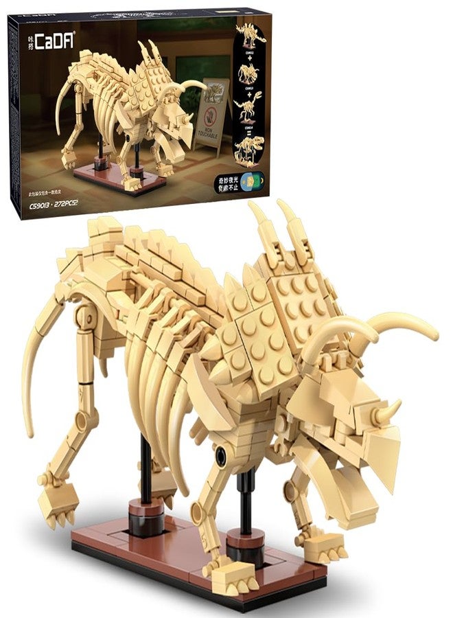 CaDA C59013W Triceratops Skeleton Building Block Model, 272 Glow-in-The-darkFfossil Pieces, 24cm Educational Assembly Toy, Suitable for Adults & Teens - Image 1